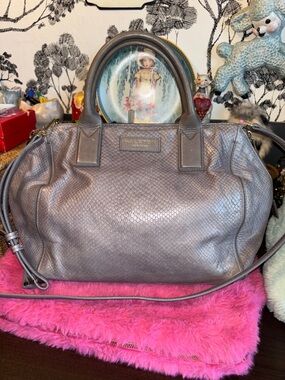 Halston Heritage Satchel Bag. This specific style features a grey snakeskin-embo